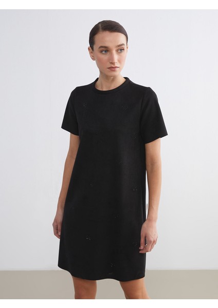 Yeni Sezon Bisiklet Yaka Taşlı Süet Mini Elbise fiyatları