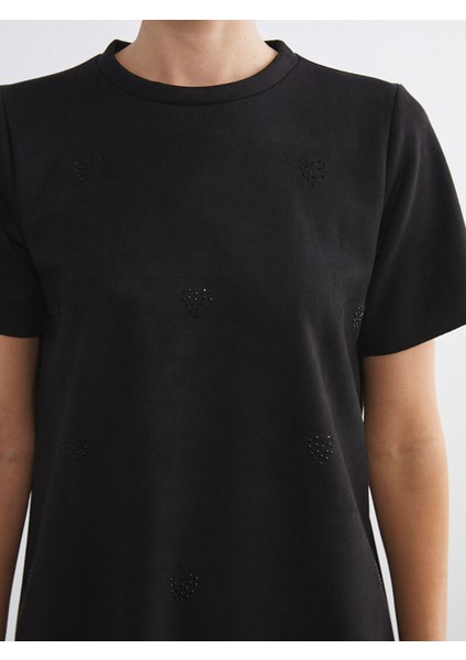 Yeni Sezon Bisiklet Yaka Taşlı Süet Mini Elbise modelleri