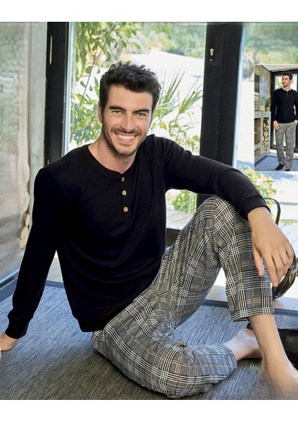 Erkek Waffle Patlı Uzun Kollu Pijama Takımı 240745