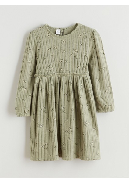 Yeni Sezon Bisiklet Yaka Uzun Kollu Çiçek Desenli Kız Çocuk Elbise