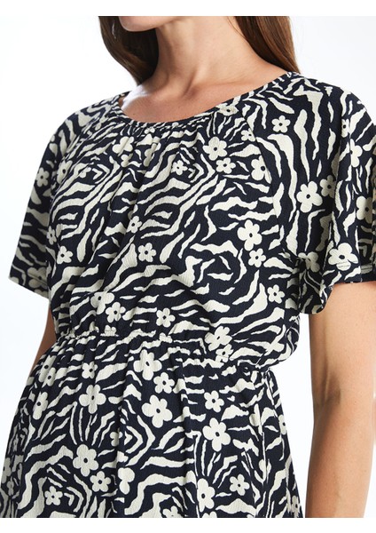 Yeni Sezon Bisiklet Yaka Desenli Kısa Kollu Elbise modelleri