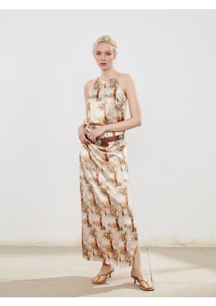 Yeni Sezon Halter Yaka Desenli Askılı Elbise