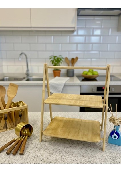 2 Katlı Bambu Baharatlık Standı – En Büyük Boy, Doğal Bambu Düzenleyici ve Mutfak Organizeri, Çay, Kahve Standı