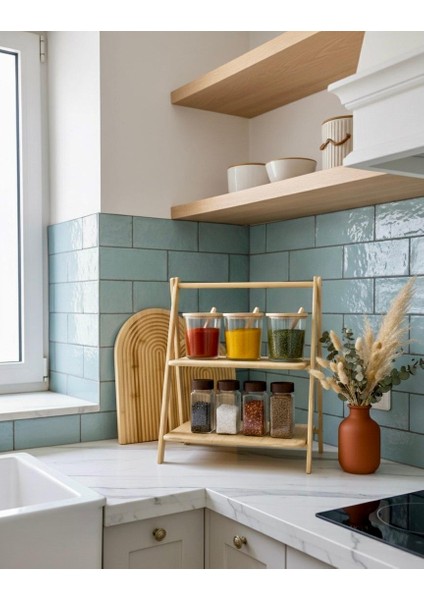 2 Katlı Bambu Baharatlık Standı – En Büyük Boy, Doğal Bambu Düzenleyici ve Mutfak Organizeri, Çay, Kahve Standı