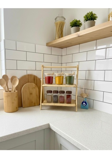 2 Katlı Bambu Baharatlık Standı – En Büyük Boy, Doğal Bambu Düzenleyici ve Mutfak Organizeri, Çay, Kahve Standı