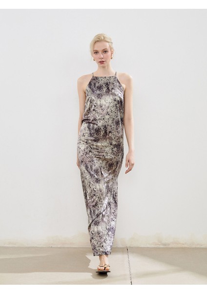 Yeni Sezon Halter Yaka Desenli Askılı Elbise