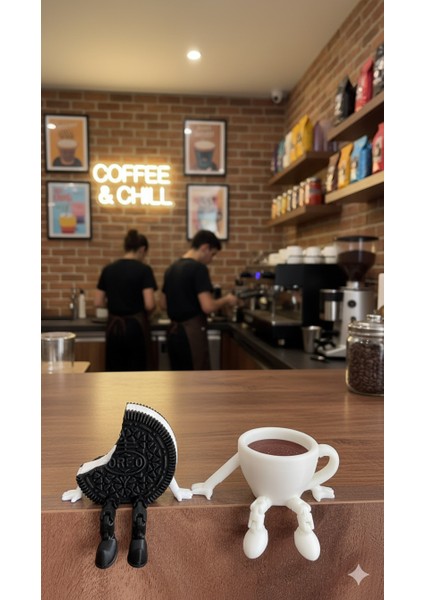 Hareketli Ayaklı Sevimli Kahve Fincanı & Yarım Oreo Figürleri - 3D Baskı Dekoratif 2 Adet