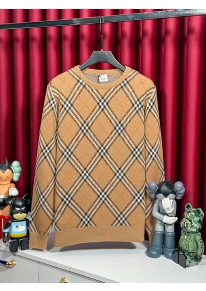 Desenli Kahverengi Erkek Pamuk Triko Kazak - Estetik ve Zarif