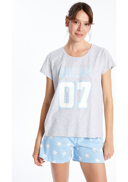 Yeni Sezon Bisiklet Yaka Baskılı Kadın Şortlu Pijama Takımı