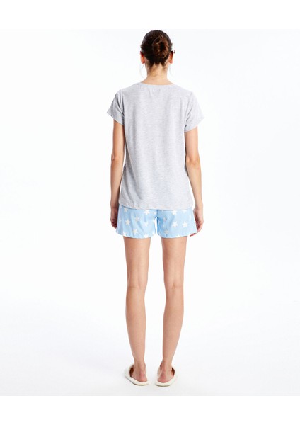 Yeni Sezon Bisiklet Yaka Baskılı Kadın Şortlu Pijama Takımı fırsatları