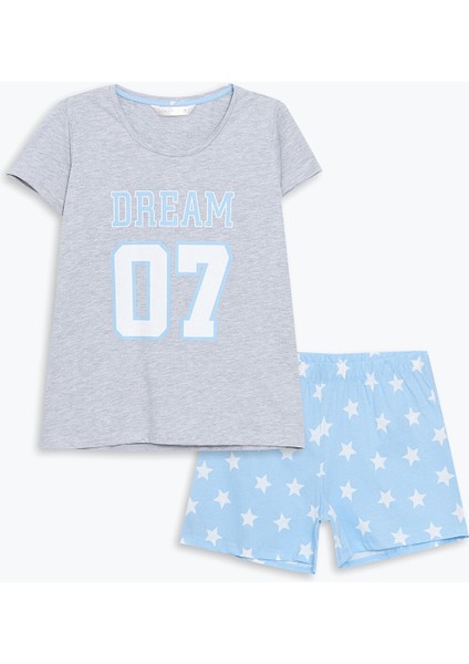 Yeni Sezon Bisiklet Yaka Baskılı Kadın Şortlu Pijama Takımı indirimleri