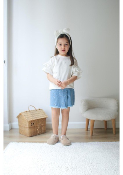 Kız Çocuk Inci Detaylı Jean Şortetek Takım