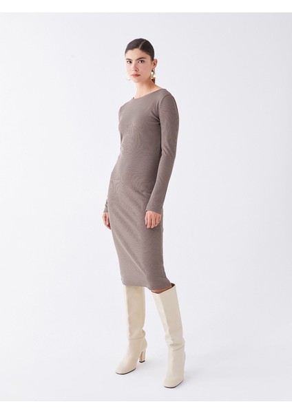 Yeni Sezon Bisiklet Yaka Düz Uzun Kollu Elbise