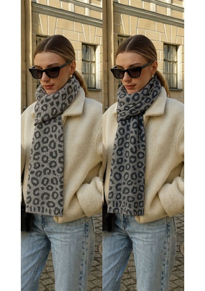 Kadın Leopar Desenli Çift Taraflı Triko Atkı