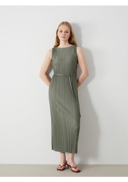 Yeni Sezon Bisiklet Yaka Dokulu Krinkle Elbise