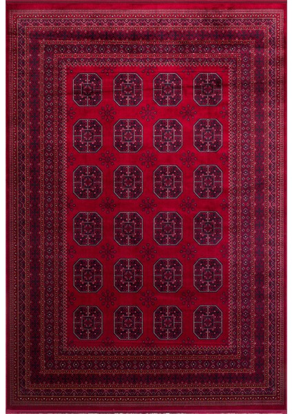 Buhara 02 Red Afgan Desenli Viskon ile Üretilen Parlak ve Yumuşak Doku, Tabanı Kaydırmaz Ince Halı