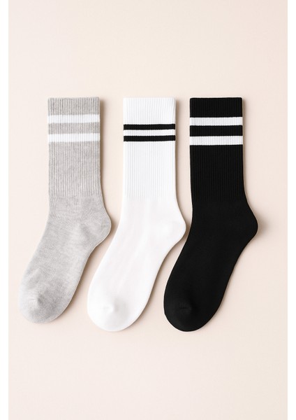 Unisex Çizgi Desenli Soket Çorap Gri Mix