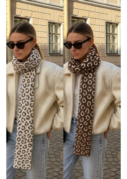 Kadın Leopar Desenli Çift Taraflı Triko Atkı