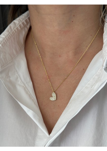 Gold Çelik Taşlı Kalp Kolye