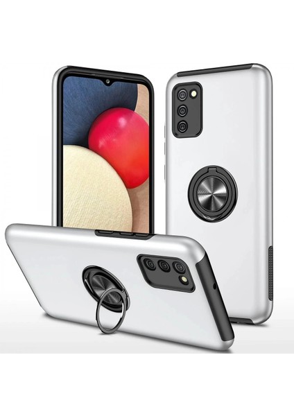 Samsung Galaxy A02S Kılıf Elit Yüzüklü Kapak - Gümüş