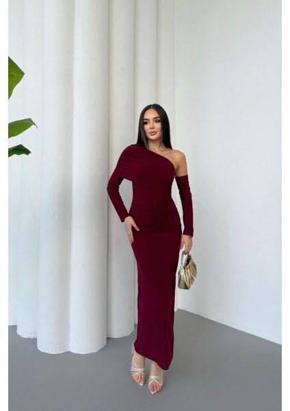 Kadın Drapeli Uzun Kollu Tek Omuz Detaylı Elbise