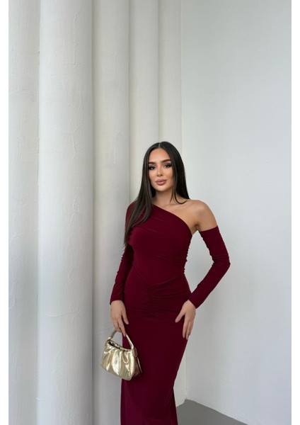 Kadın Drapeli Uzun Kollu Tek Omuz Detaylı Elbise fiyatları