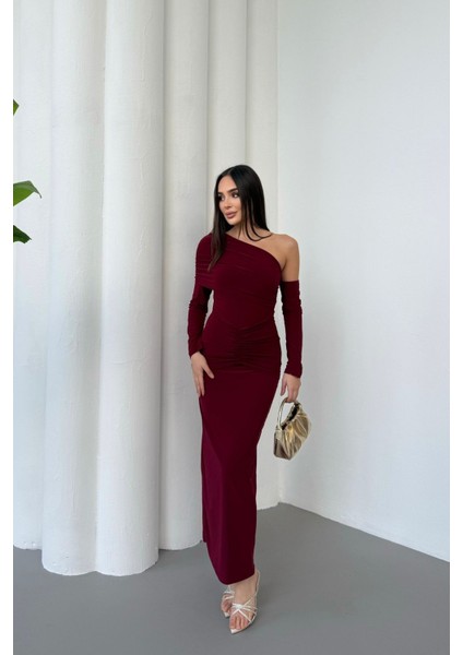 Kadın Drapeli Uzun Kollu Tek Omuz Detaylı Elbise modelleri