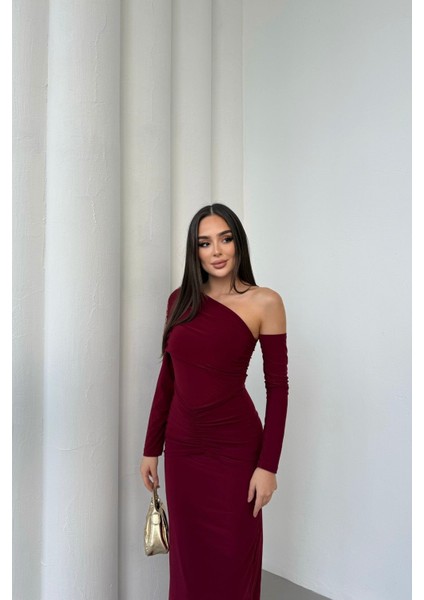 Kadın Drapeli Uzun Kollu Tek Omuz Detaylı Elbise fırsatları