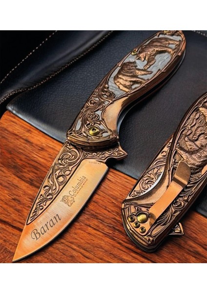 Kişiye Özel Isimli Columbia Isim Baskılı Ayılı Çakı FX-2510-B 20 cm Kutulu Paslanmaz Cep Çakı