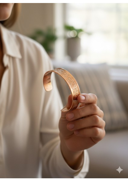 El Işçiliği Kabartma Desenli Saf Bakır Bileklik ; Enerji Dengeleyici Gelen Eksel Şifa Niyetine ; Kadın ve Erkek Için Uygun , Esnek Yapısı ile Ayarlanabilir Bileklik Genişlik 15 Mm. (BKR3025) fiyatları