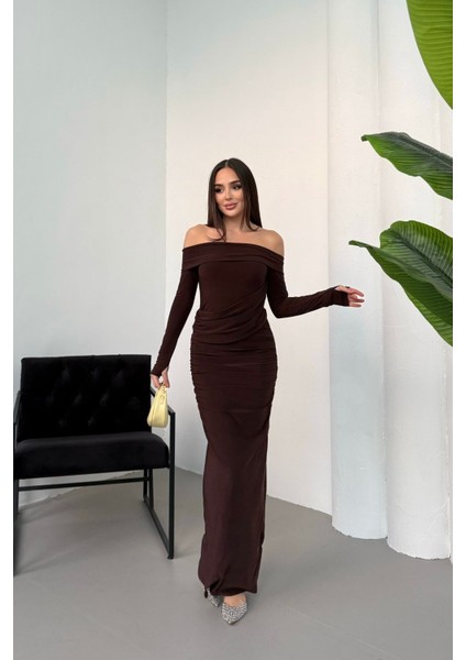 Kadın Drapeli Uzun Kollu Modonna Yaka Parmak Geçirmeli Büzgülü Detaylı Elbise modelleri