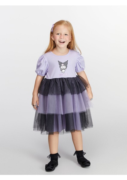 Yeni Sezon Balon Kollu Kuromi Baskılı Kız Çocuk Elbise