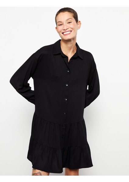 Yeni Sezon Gömlek Yaka Düz Uzun Kollu Viskon Elbise