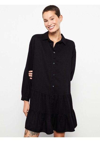 Yeni Sezon Gömlek Yaka Düz Uzun Kollu Viskon Elbise fiyatları