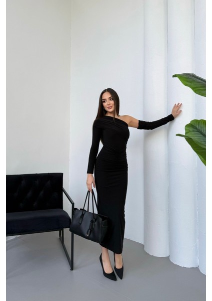 Kadın Drapeli Uzun Kollu Tek Omuz Detaylı Elbise