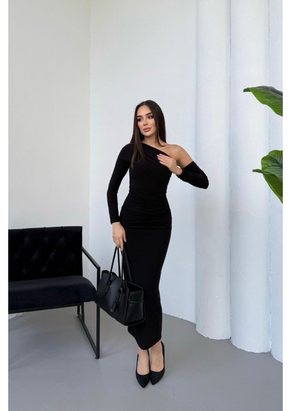 Kadın Drapeli Uzun Kollu Tek Omuz Detaylı Elbise modelleri