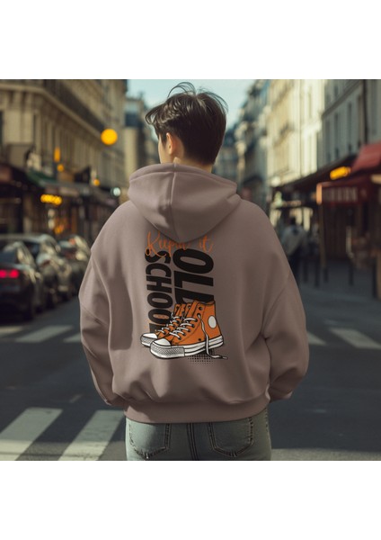 Unisex Sweatshirt Keep It Old School Sloganlı ve Retro Ayakkabı Grafikli Pamuklu Hoodie Sweatshirt