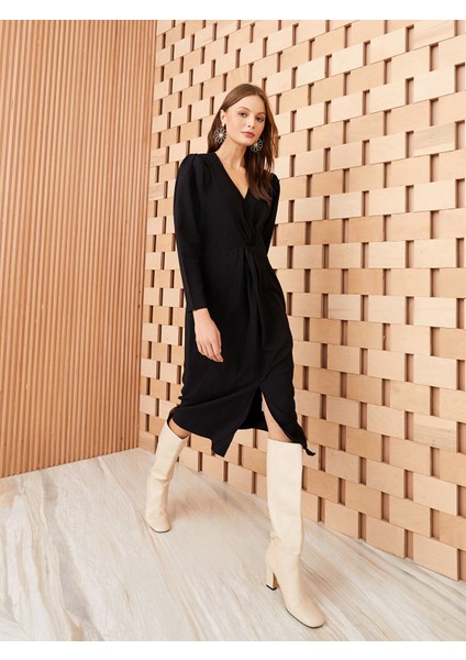 Yeni Sezon V Yaka Düz Uzun Kollu Elbise