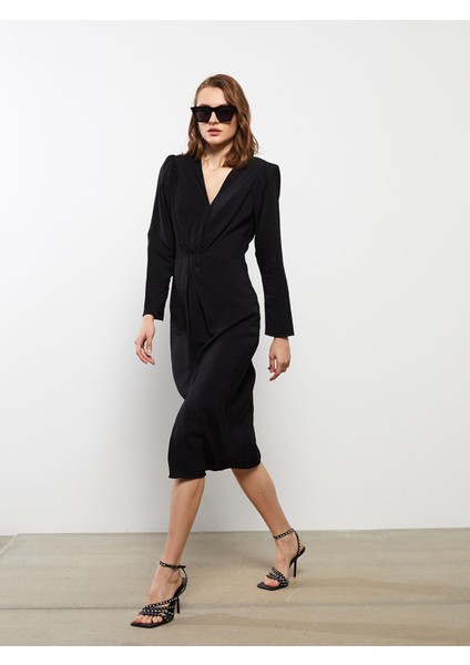 Yeni Sezon V Yaka Düz Uzun Kollu Elbise fırsatları