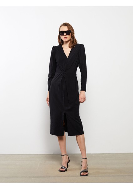 Yeni Sezon V Yaka Düz Uzun Kollu Elbise indirimleri
