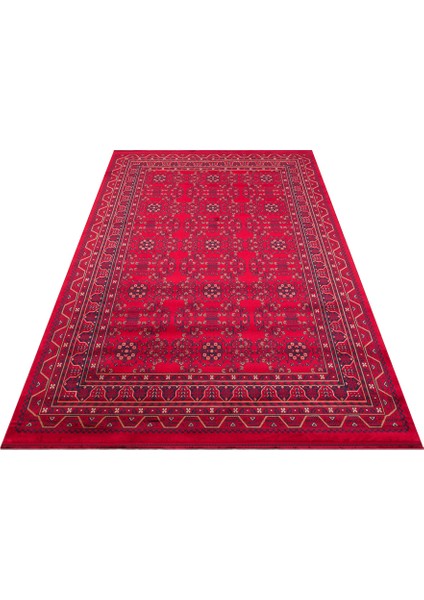 Buhara 04 Red Afgan Desenli Viskon ile Üretilen Parlak ve Yumuşak Doku, Tabanı Kaydırmaz Ince Halı