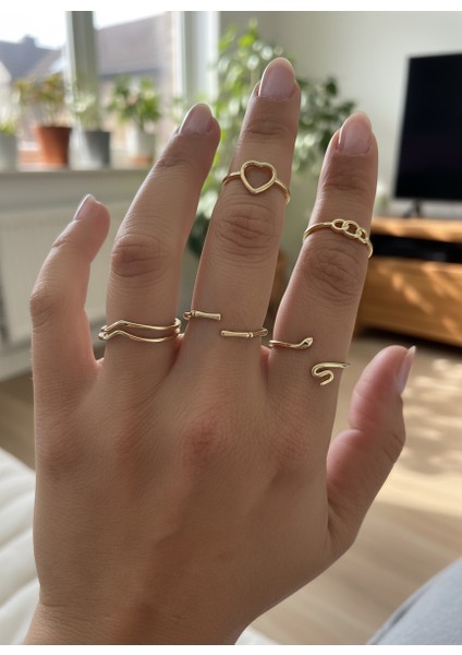 Ayarlanabilir Çelik 5'li Eklem Yüzüğü Seti – Gold Renk / Luna Mini Rings Collection