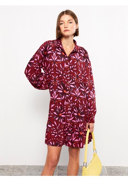 Yeni Sezon Gömlek Yaka Desenli Uzun Kollu Viskon Elbise