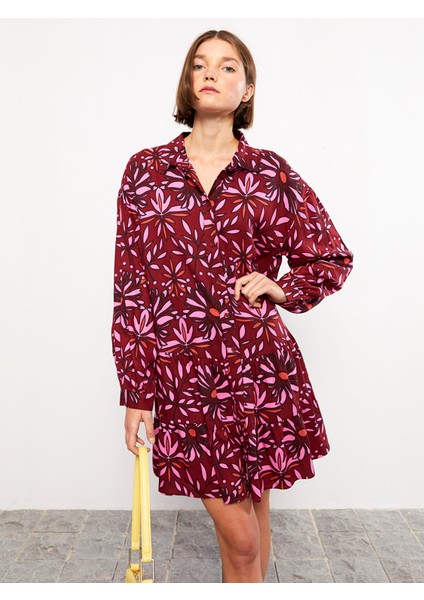 Yeni Sezon Gömlek Yaka Desenli Uzun Kollu Viskon Elbise fiyatları