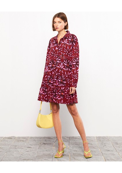 Yeni Sezon Gömlek Yaka Desenli Uzun Kollu Viskon Elbise modelleri