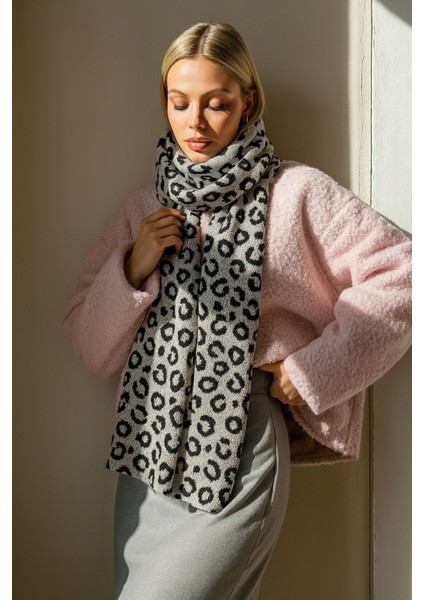 Kadın Leopar Desenli Çift Taraflı Triko Atkı