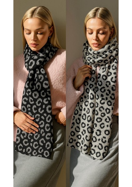 Kadın Leopar Desenli Çift Taraflı Triko Atkı modelleri