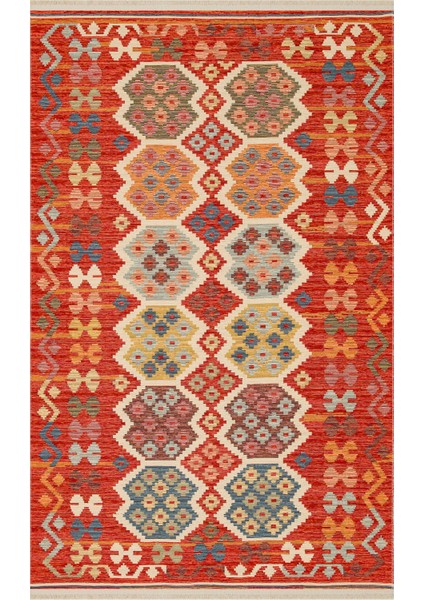 Ürgüp 03 Red %100 Pamuk ile Üretilen Etnik Desenlere Sahip Yıkanabilir Çift Taraflı Ince Yıkanabilir Kilim