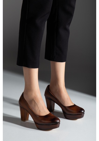 Kadın Taba Hakiki Deri Premium Tasarım Dekolte Alçak Platformlu Topuklu Ayakkabı modelleri