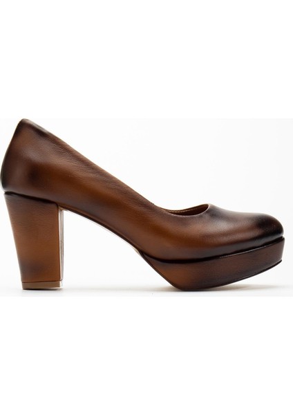 Kadın Taba Hakiki Deri Premium Tasarım Dekolte Alçak Platformlu Topuklu Ayakkabı fırsatları